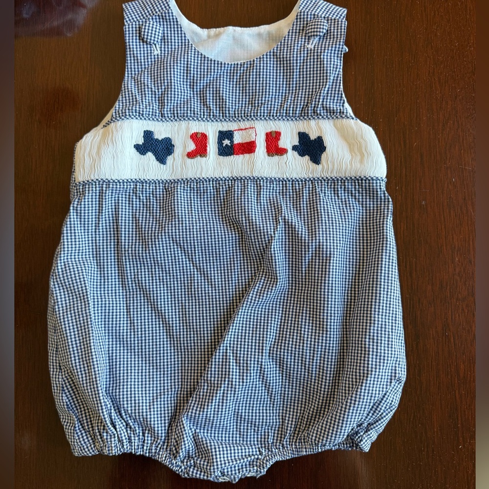 Ann Reeves Blue Gingham Baby Bubble with Texas Motif